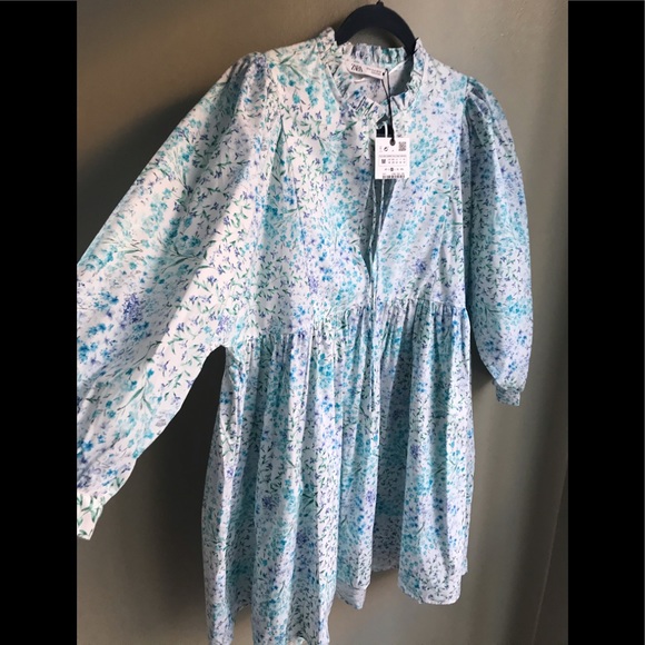 NWT! Zara Blue Floral Poplin Printed Dress with Ruffle Trim Size: M - Picture 3 of 11